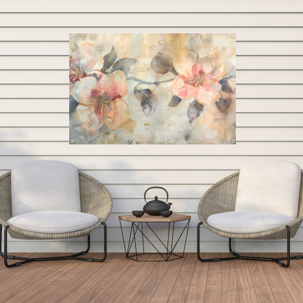 Bloeiende abstractie in aquarel met zachte tinten tuinposter