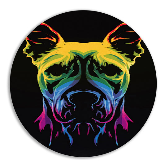 Psychedelische kleurrijke afbeelding van een hond aluminium muurcirkel