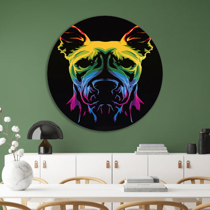 Psychedelische kleurrijke afbeelding van een hond aluminium muurcirkel