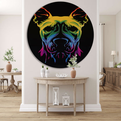 Psychedelische kleurrijke afbeelding van een hond aluminium muurcirkel