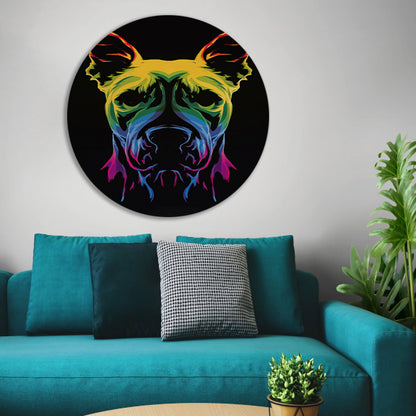 Psychedelische kleurrijke afbeelding van een hond aluminium muurcirkel