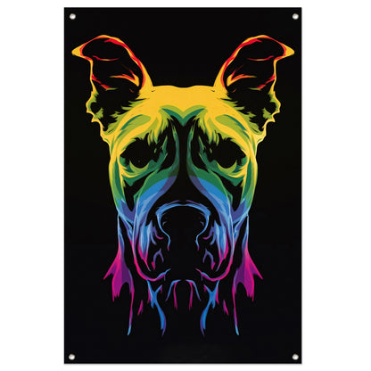 Psychedelische kleurrijke afbeelding van een hond tuinposter