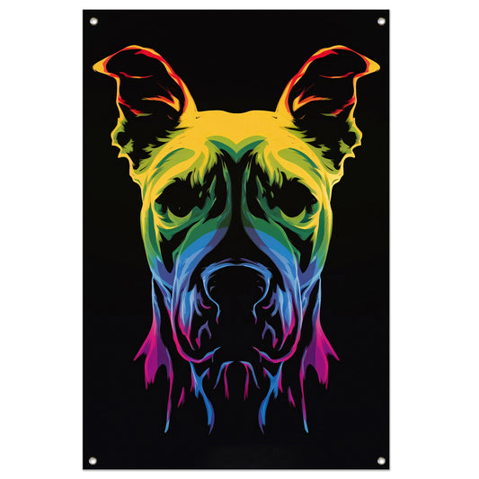 Psychedelische kleurrijke afbeelding van een hond tuinposter