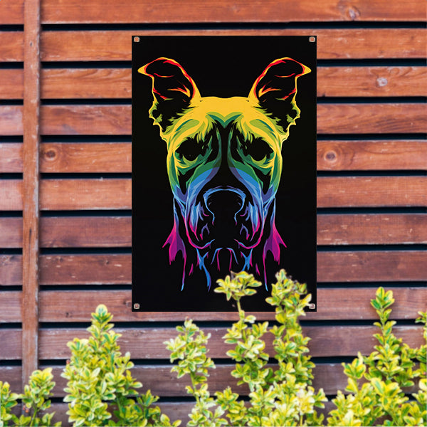 Psychedelische kleurrijke afbeelding van een hond tuinposter