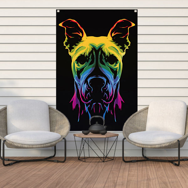 Psychedelische kleurrijke afbeelding van een hond tuinposter