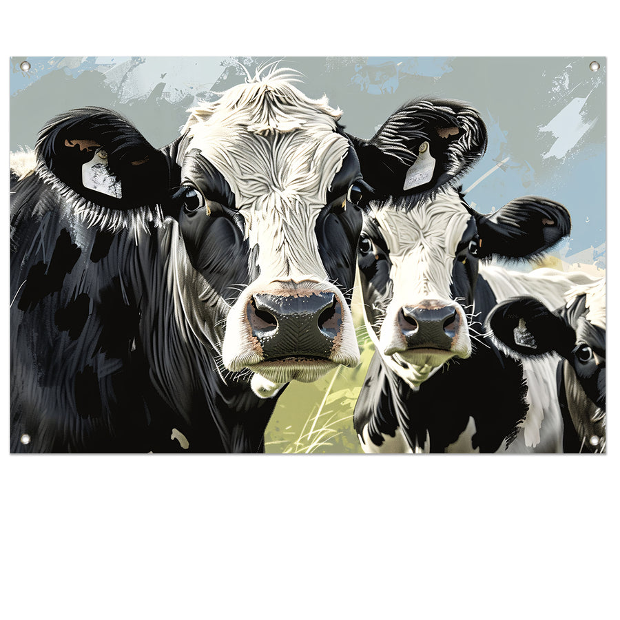 Realistische close-up van nieuwsgierige koeien tuinposter
