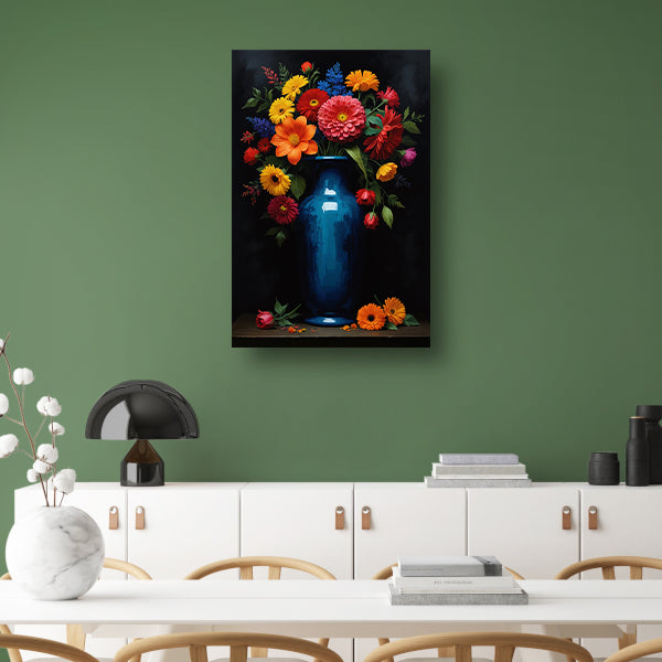 Boeket in Blauwe Vaas op Zwarte Achtergrond canvas