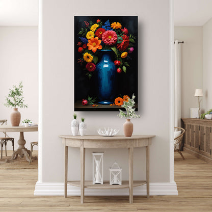 Boeket in Blauwe Vaas op Zwarte Achtergrond acrylglas