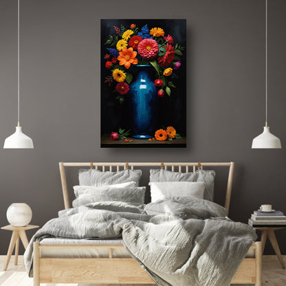 Boeket in Blauwe Vaas op Zwarte Achtergrond canvas