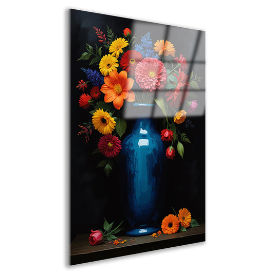 Boeket in Blauwe Vaas op Zwarte Achtergrond acrylglas