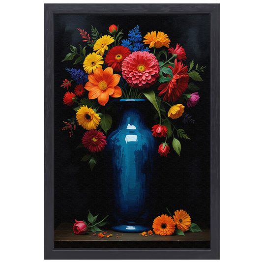 Boeket in Blauwe Vaas op Zwarte Achtergrond canvas met baklijst