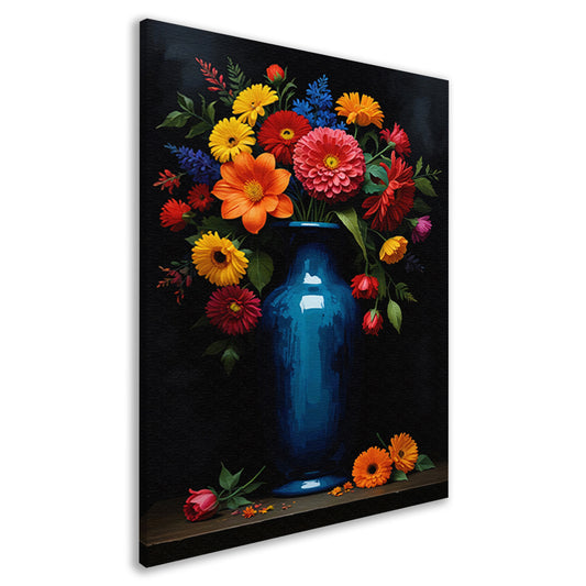 Boeket in Blauwe Vaas op Zwarte Achtergrond canvas