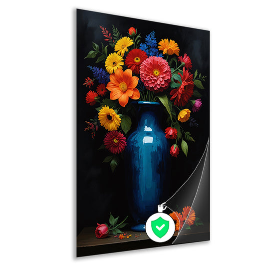 Boeket in Blauwe Vaas op Zwarte Achtergrond poster
