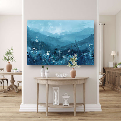 Serene bloemen en bergen in blauw acrylglas