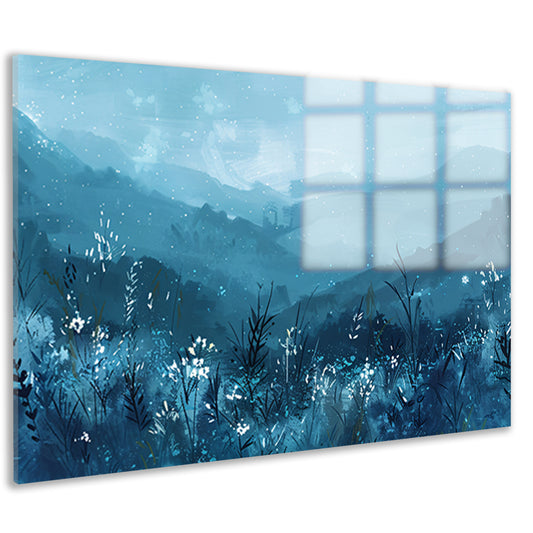 Serene bloemen en bergen in blauw acrylglas