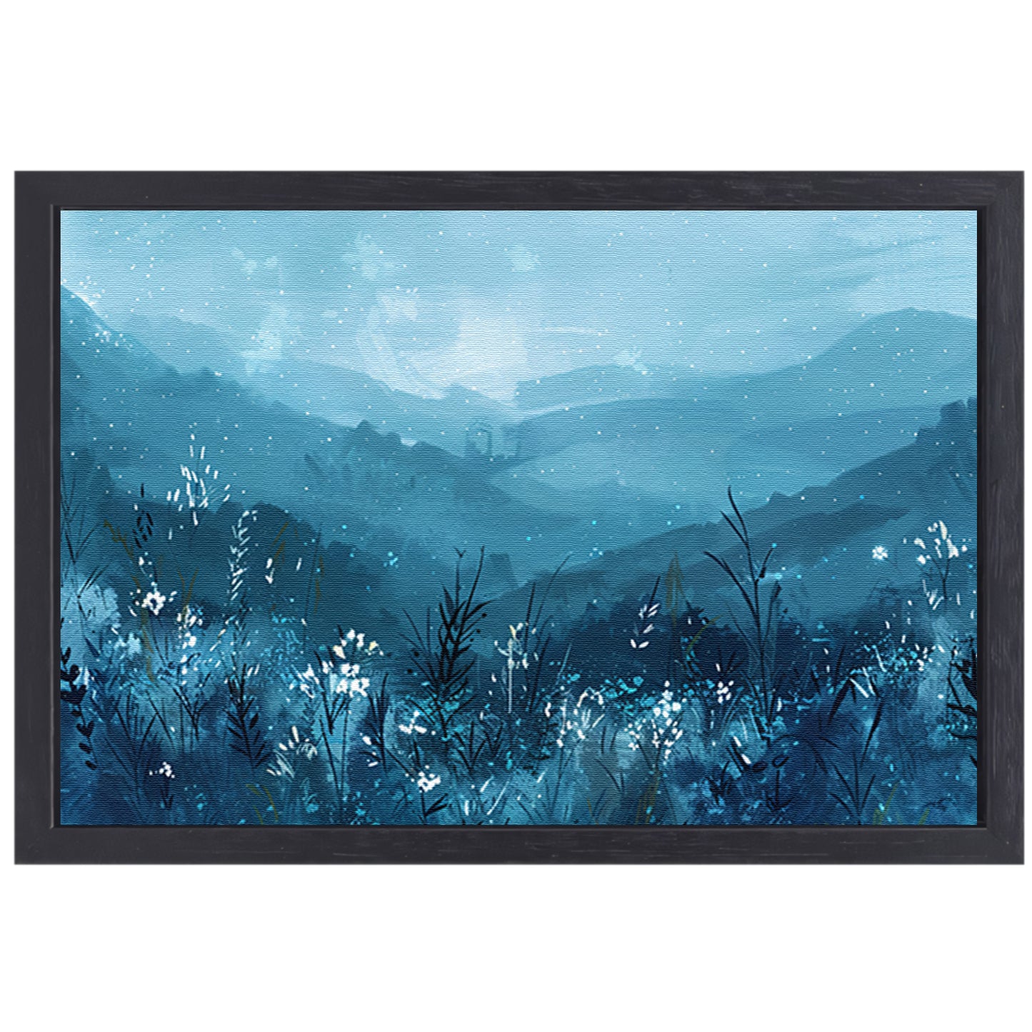 Serene bloemen en bergen in blauw canvas met baklijst