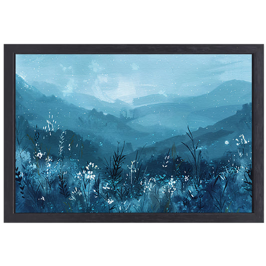 Serene bloemen en bergen in blauw canvas met baklijst