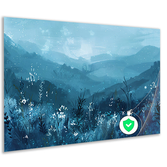 Serene bloemen en bergen in blauw poster