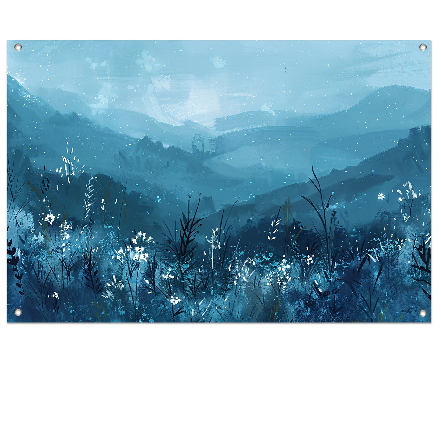 Serene bloemen en bergen in blauw tuinposter