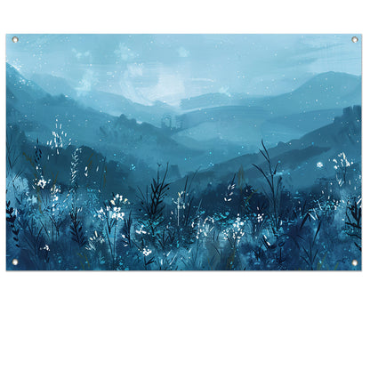 Serene bloemen en bergen in blauw tuinposter