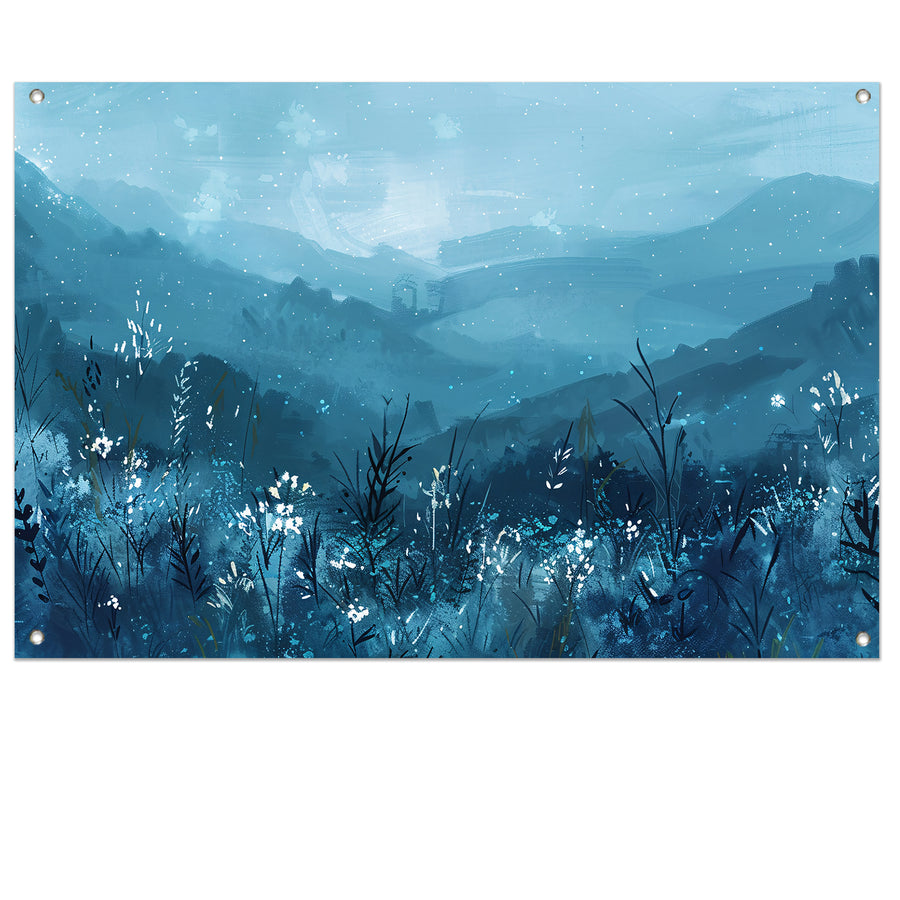 Serene bloemen en bergen in blauw tuinposter