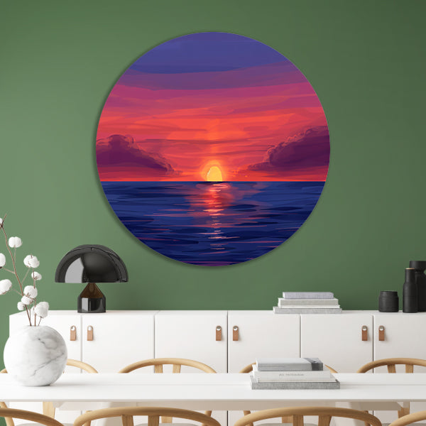 Adembenemende zonsondergang over kalme zee aluminium muurcirkel