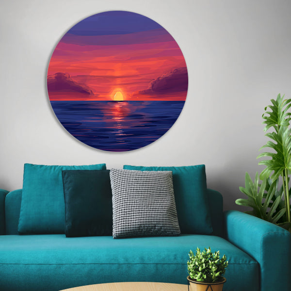 Adembenemende zonsondergang over kalme zee aluminium muurcirkel