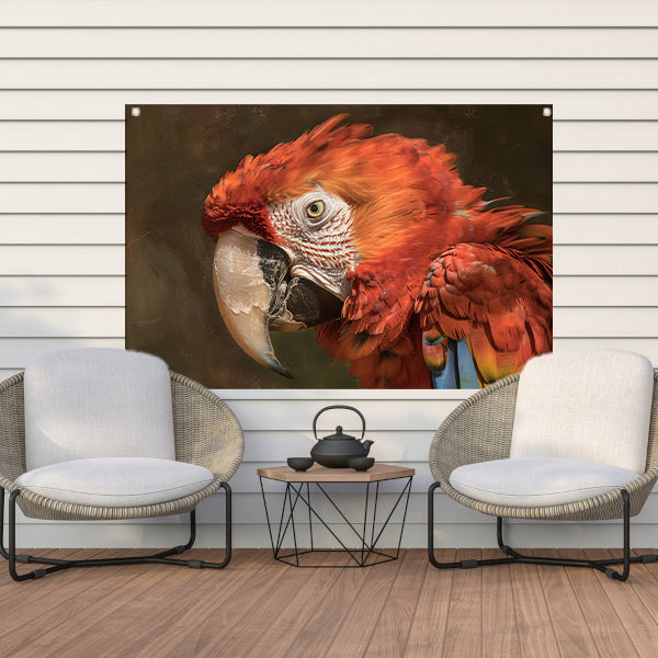 Realistisch schilderij van kleurrijke papegaai tuinposter