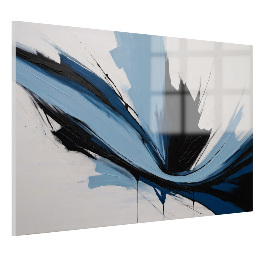 Dynamische Abstractie in Zwart, Wit en Blauw acrylglas