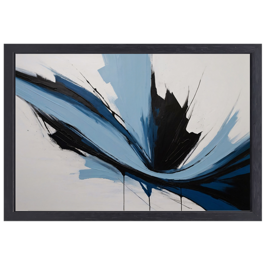 Dynamische Abstractie in Zwart, Wit en Blauw canvas met baklijst