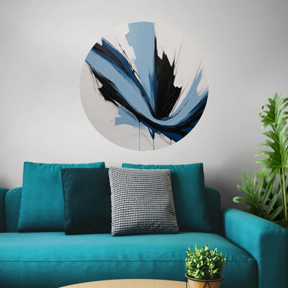 Dynamische Abstractie in Zwart, Wit en Blauw aluminium muurcirkel