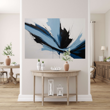 Dynamische Abstractie in Zwart, Wit en Blauw canvas met baklijst