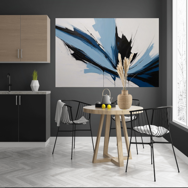 Dynamische Abstractie in Zwart, Wit en Blauw canvas met baklijst