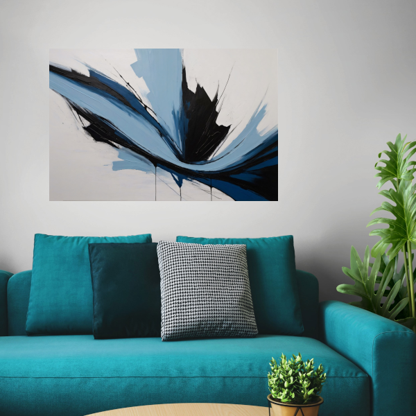 Dynamische Abstractie in Zwart, Wit en Blauw canvas met baklijst