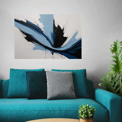 Dynamische Abstractie in Zwart, Wit en Blauw canvas met baklijst