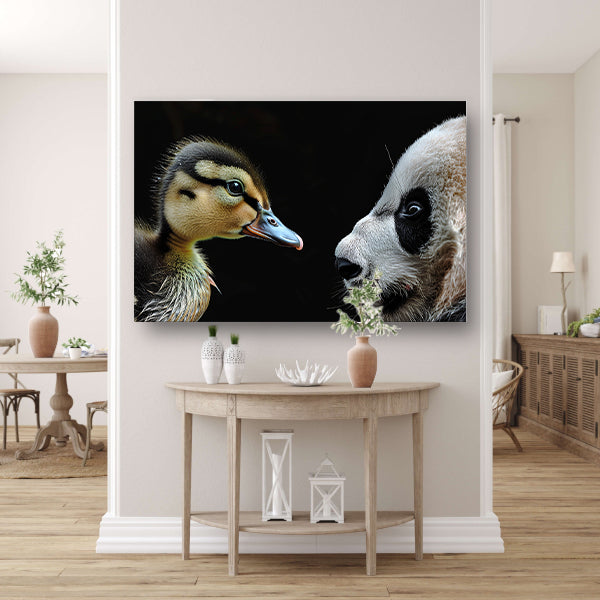 Panda en Eend Tête-à-Tête canvas met baklijst