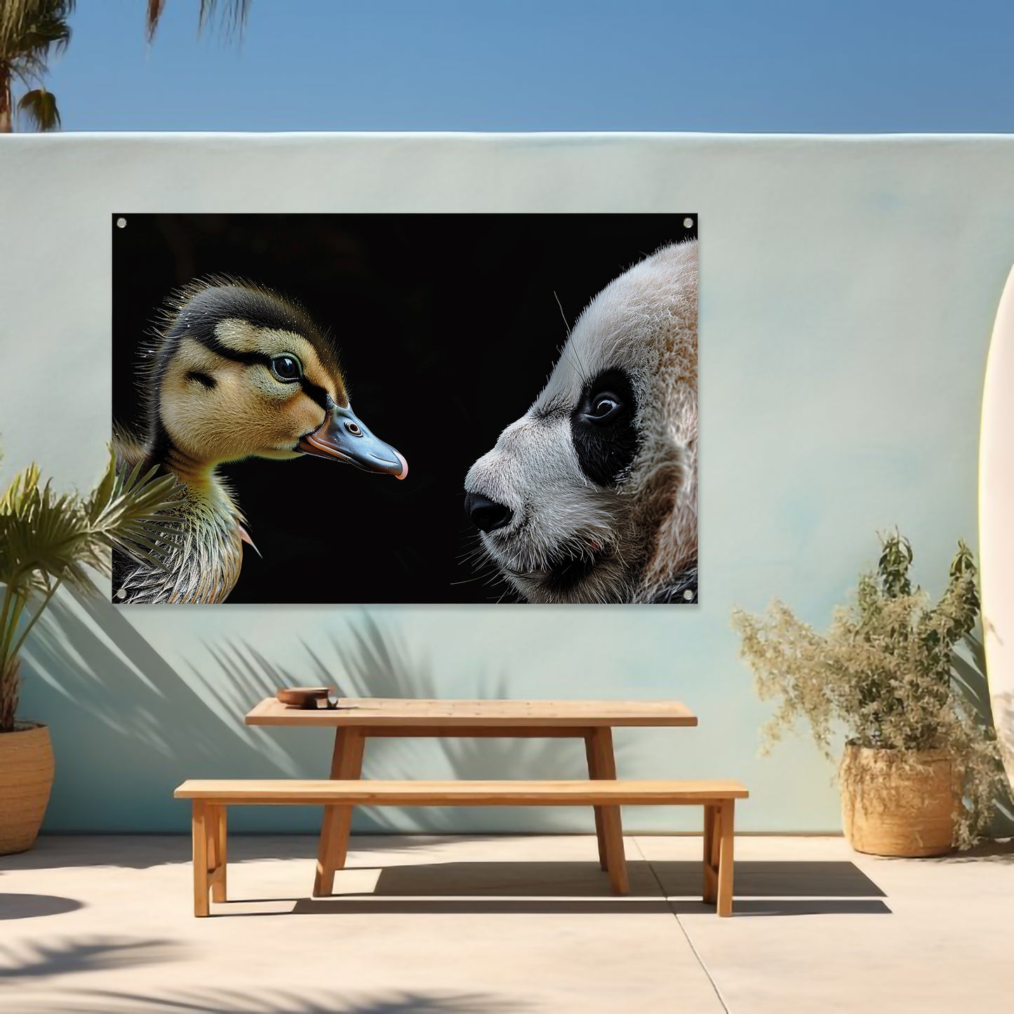 Panda en Eend Tête-à-Tête tuinposter