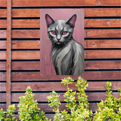 Roze Ogen Zilveren Kat tegen Roze Achtergrond tuinposter
