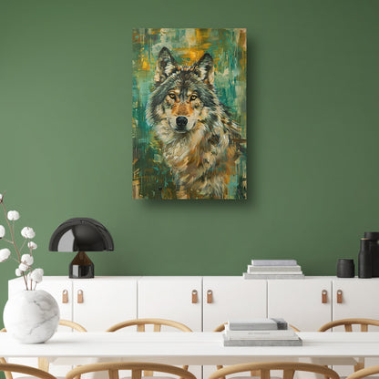 Elegante olieverfschilderij van een wolf op abstracte achtergrond canvas met baklijst