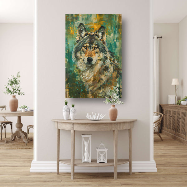 Elegante olieverfschilderij van een wolf op abstracte achtergrond canvas met baklijst