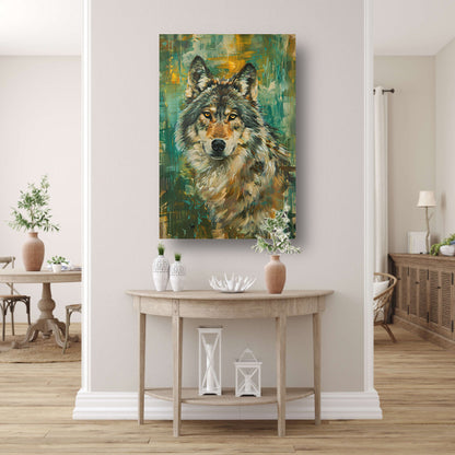 Elegante olieverfschilderij van een wolf op abstracte achtergrond canvas met baklijst