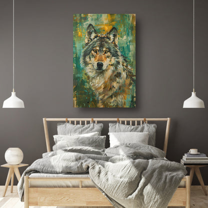 Elegante olieverfschilderij van een wolf op abstracte achtergrond canvas met baklijst