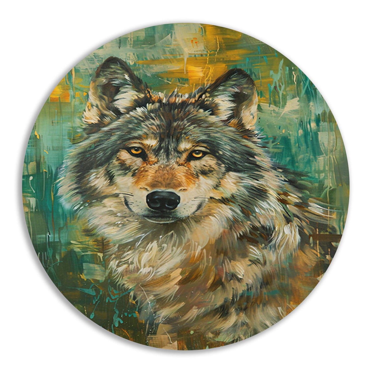 Elegante olieverfschilderij van een wolf op abstracte achtergrond aluminium muurcirkel