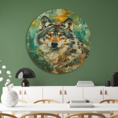 Elegante olieverfschilderij van een wolf op abstracte achtergrond aluminium muurcirkel
