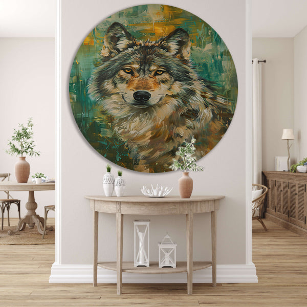 Elegante olieverfschilderij van een wolf op abstracte achtergrond aluminium muurcirkel