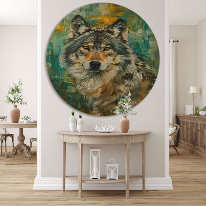 Elegante olieverfschilderij van een wolf op abstracte achtergrond aluminium muurcirkel