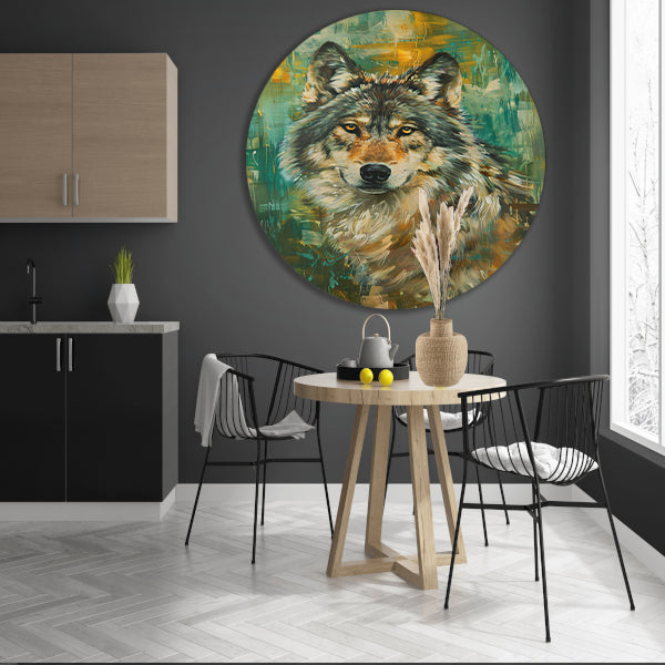Elegante olieverfschilderij van een wolf op abstracte achtergrond aluminium muurcirkel