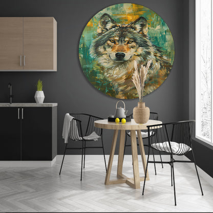 Elegante olieverfschilderij van een wolf op abstracte achtergrond aluminium muurcirkel