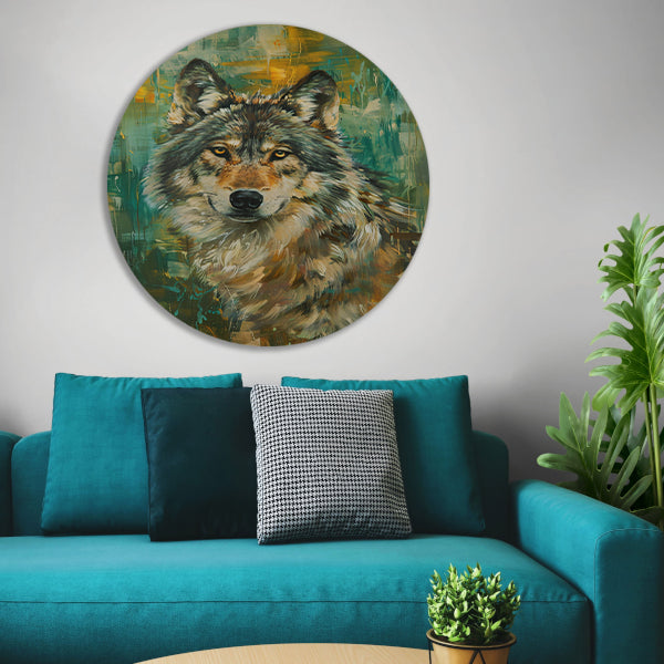 Elegante olieverfschilderij van een wolf op abstracte achtergrond forex muurcirkel