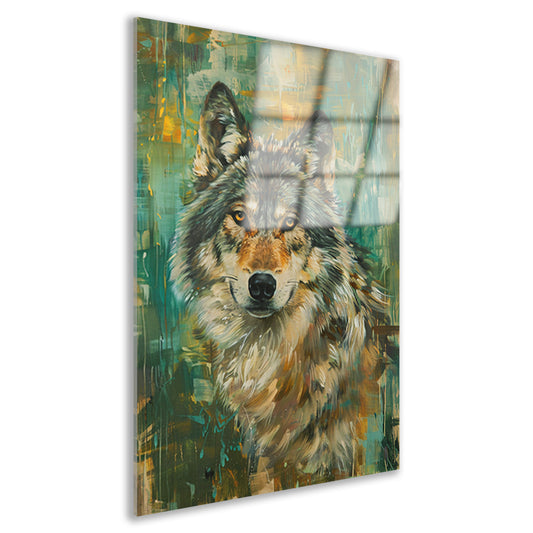 Elegante olieverfschilderij van een wolf op abstracte achtergrond acrylglas